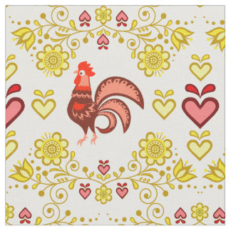 Tissu Coq folk/Cockerel or/floral, coeurs/4"