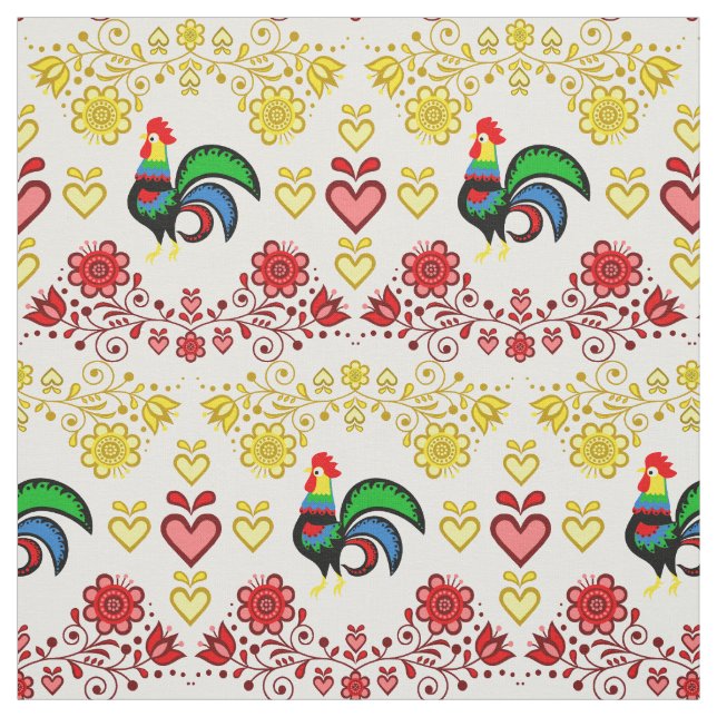 Tissu Coq folklorique/Cockerel or/rouge floral, coeurs/4 (Échantillon)