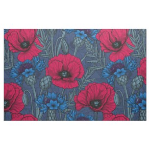 Tissu Coquelicots rouges et fleurs bleues sur bleu