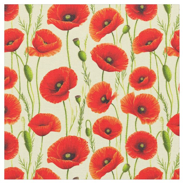 Tissu Coquelicots Rouges et Tiges Vertes (Fermer)