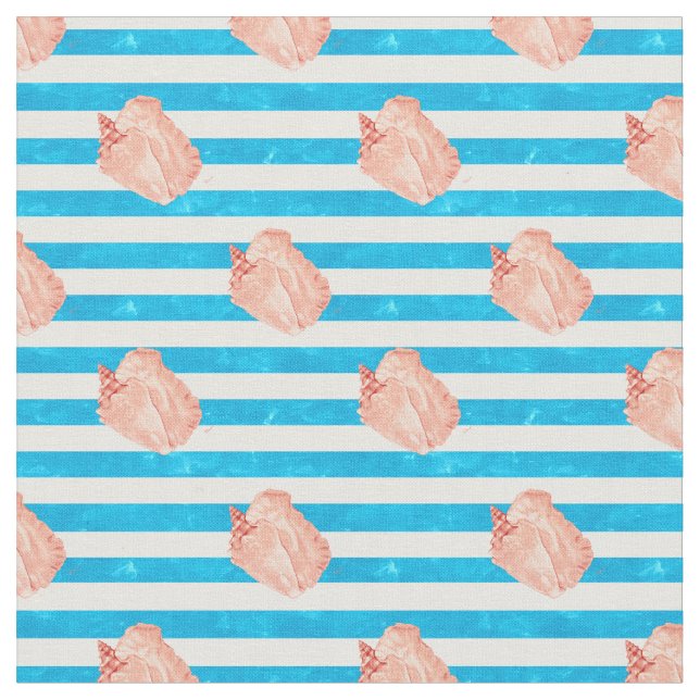 Tissu Coques de conque sur le littoral de Blue Stripes (Fermer)