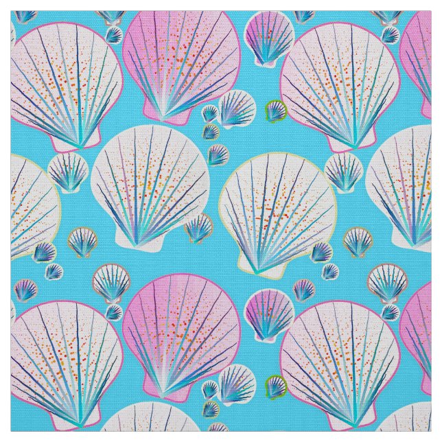 Tissu Coques de mer roses et blanches sur turquoise (Échantillon)