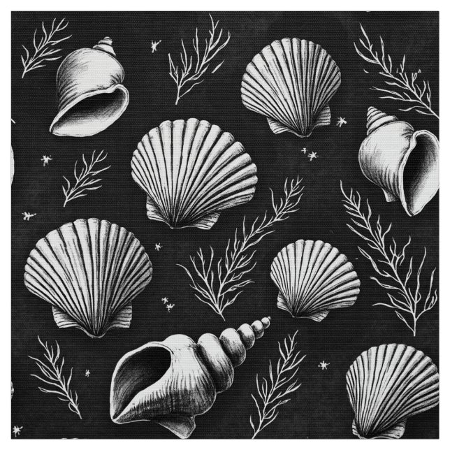 Tissu Coquillages et algues en noir et blanc (Échantillon)