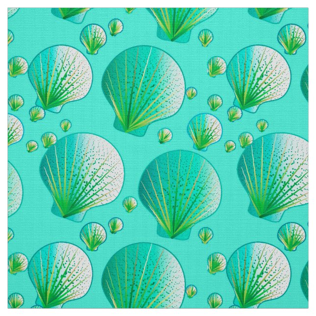 Tissu Coquillages verts de mer sur aqua (Échantillon)
