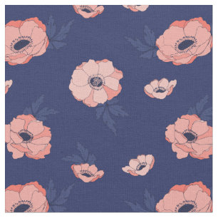 Tissu Corail et Marine bleu motif floral