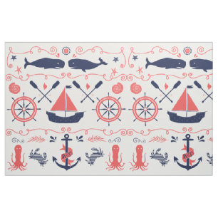Tissu Corail nautique Orange Marine Baleines cordages et