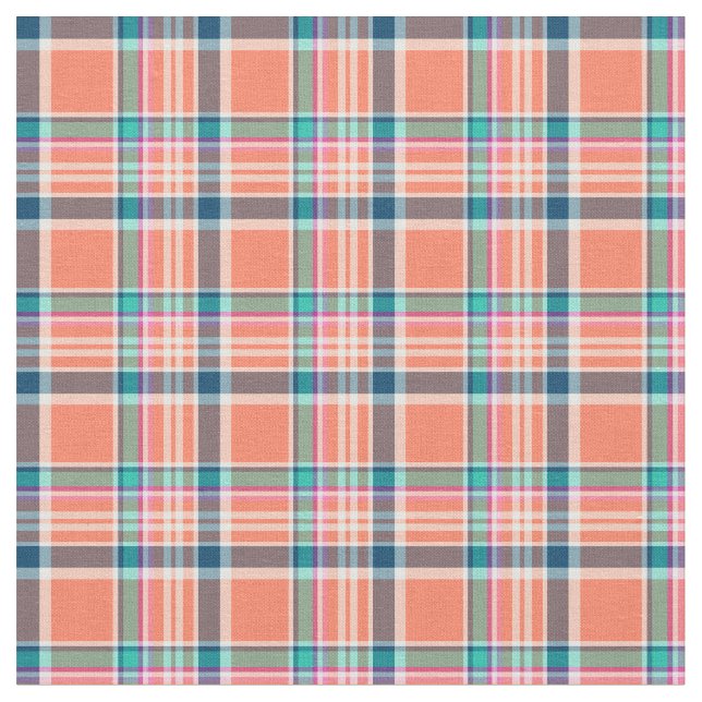 Tissu Corail orange et plaid Girly bleu (Fermer)