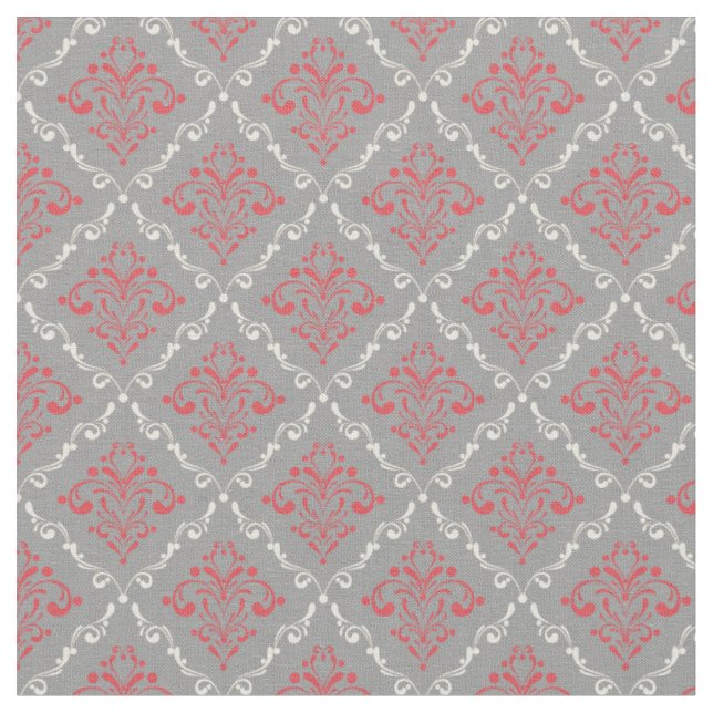 Tissu Corail rouge et crème Damask sur gris argenté (Fermer)