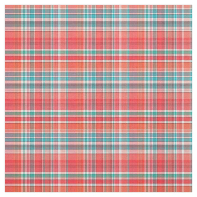 Tissu Corail, Turquoise, Blanc Preppy Madras Style Plaid (Échantillon)