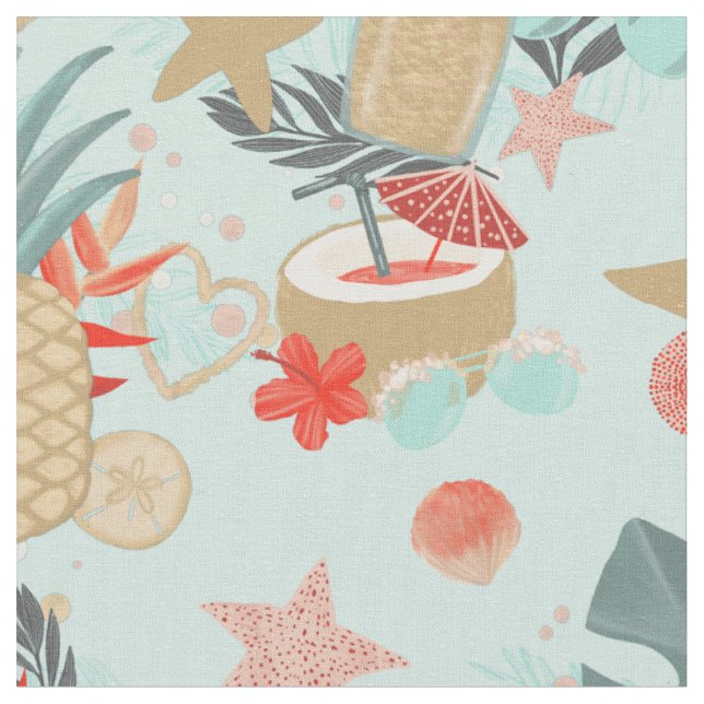 Tissu Coral Red et Mint Beach Motif (Fermer)
