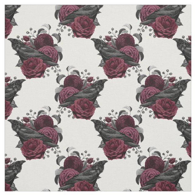 Tissu Corbeau noir floral sur blanc (Échantillon)
