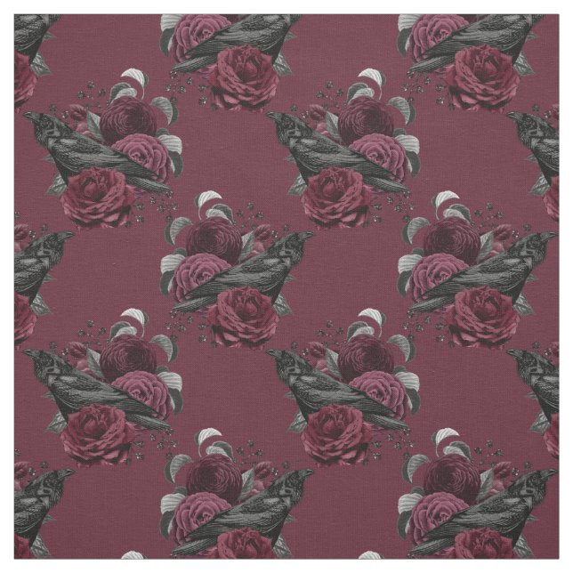 Tissu Corbeau noir floral sur vin (Échantillon)