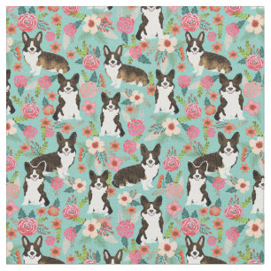 Tissu corgi brindle vintage floral menthe