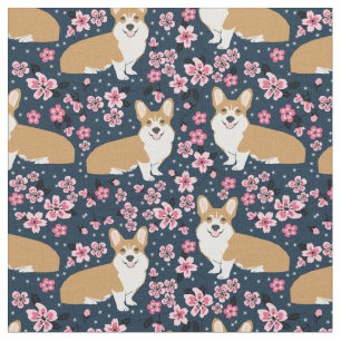 Tissu corgi dogs cerisiers fleurs marine