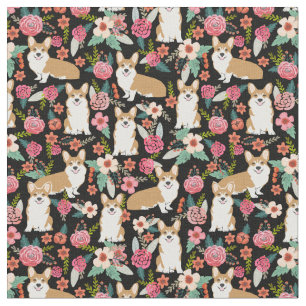 Tissu corgi dogs vintage floral noir