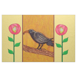 Tissu Corneille noire sur branche d'arbre Fleurs rouges 