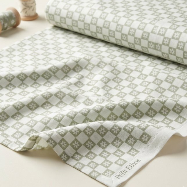 Tissu Coton Combed à carreaux vert clair et marguerite (Créateur téléchargé)
