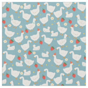 Tissu cottagecore bleu arc canards fraise