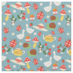 Tissu cottagecore canards bleus ladybugs champignons