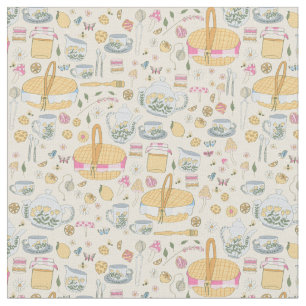 Tissu cottagecore pique-nique thé fête champignons jaune
