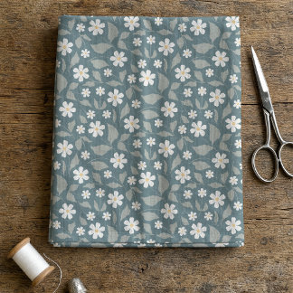 Tissu Cottagecore sarcelle, sauge et floral de marguerit