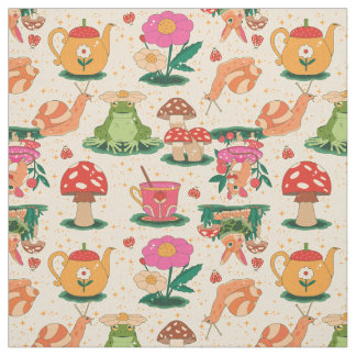 Tissu cottagecore snail magical garden frog beige