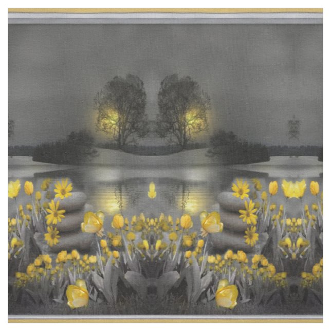 Tissu Coucher de soleil de fleurs gris et jaune arrière  (Échantillon)