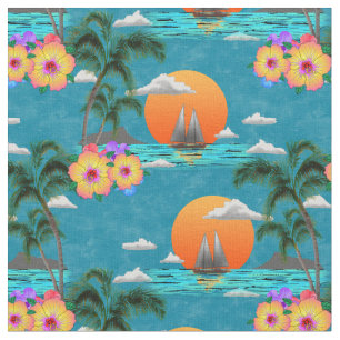 Tissu Coucher de soleil sur Hawaii Island Beach sur Blue
