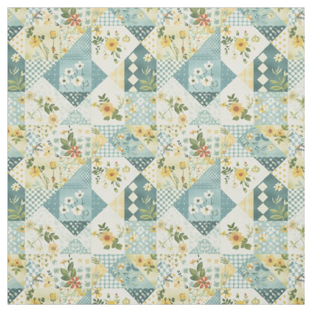 Tissu Courtepoint Patchwork Bleu Jaune Vert Vintage (Échantillon)