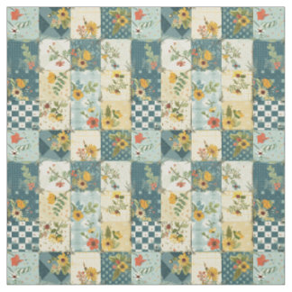Tissu Courtepoint Patchwork Bleu Jaune Vert Vintage