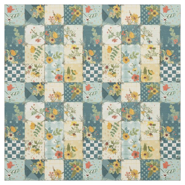 Tissu Courtepoint Patchwork Bleu Jaune Vert Vintage (Échantillon)