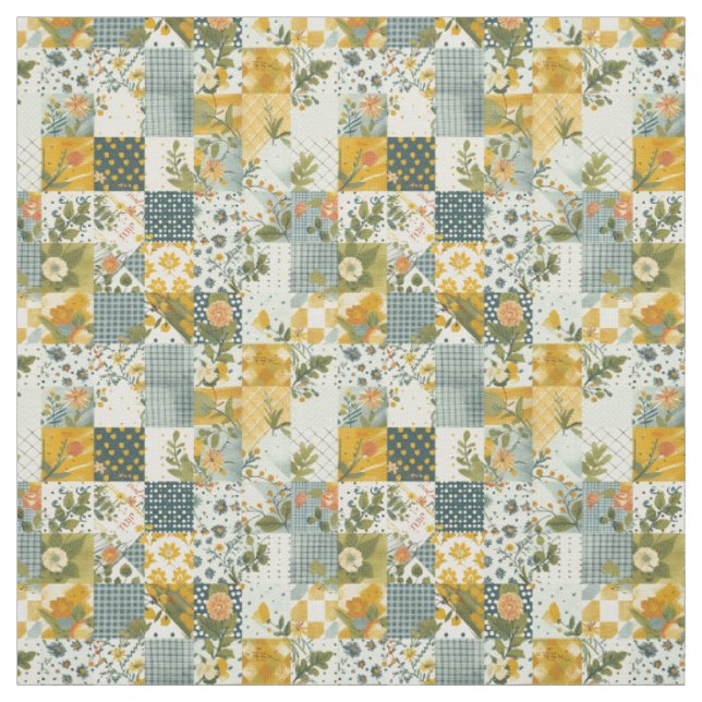 Tissu Courtepoint Patchwork Bleu Jaune Vert Vintage (Échantillon)