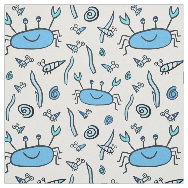 Tissu Crabes Bleus mignons Animaux de mer Coquillages Mo (Échantillon)