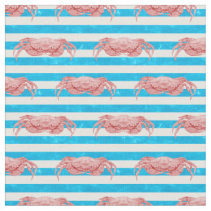 Tissu Crabes rouges sur le littoral de Blue Stripes