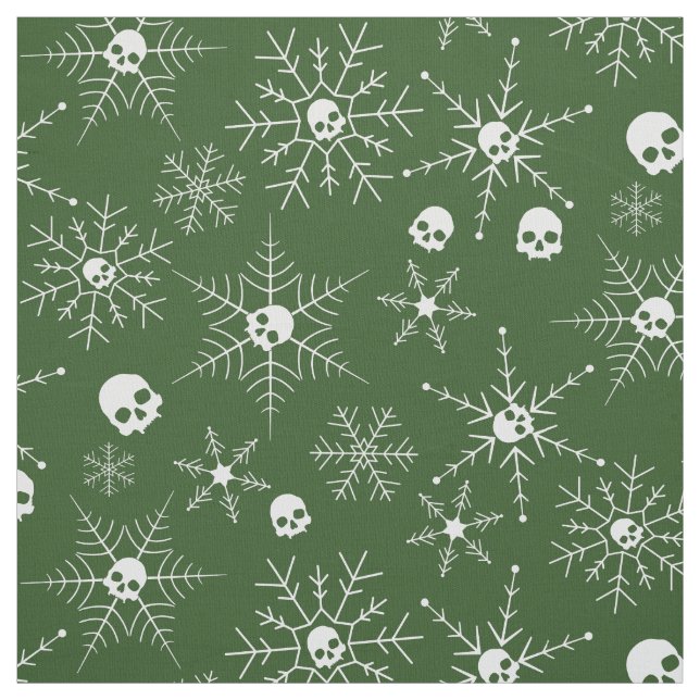Tissu Crâne effrayant Creepmas Noël Snowflakes Vert (Échantillon)