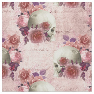 Tissu Crânes blanches, roses roses et courbes