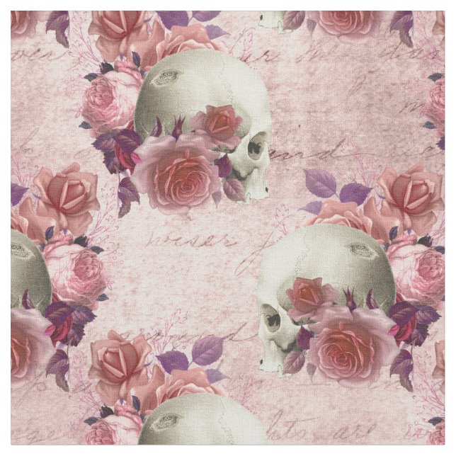 Tissu Crânes blanches, roses roses et courbes (Fermer)