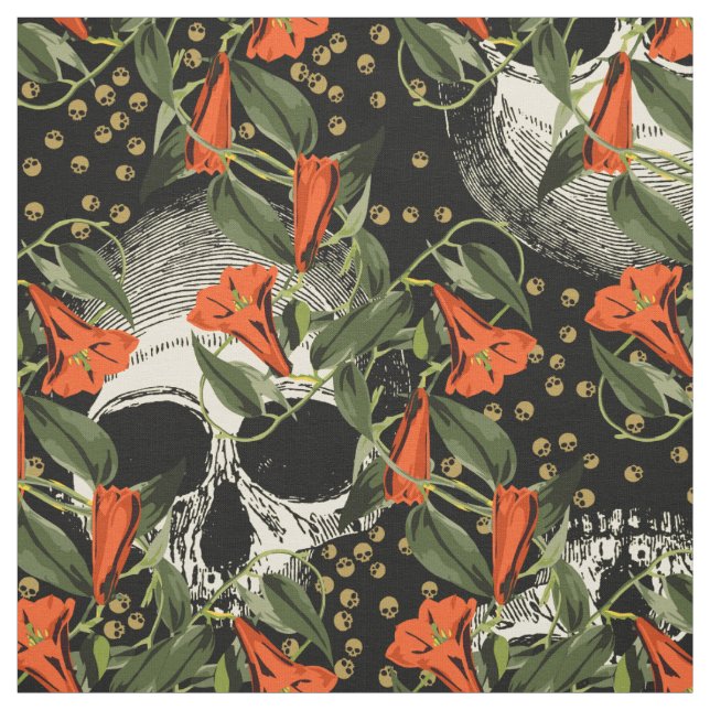 Tissu Crânes Dans Le Jardin (Noir) (Échantillon)