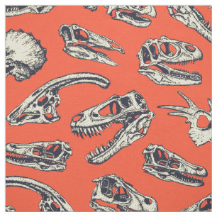 Tissu Crânes de dinosaures orange et marine
