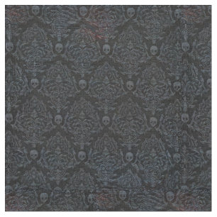 Tissu Crânes d'horreur surréalistes, gris sur noir 