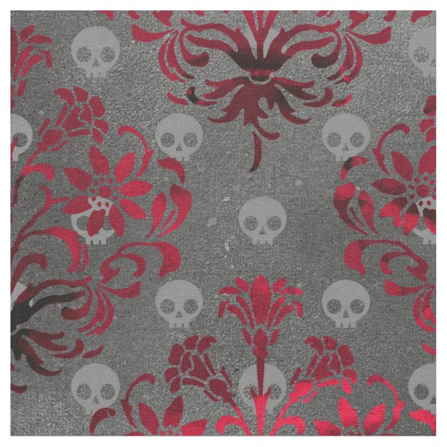 Tissu Crânes et Damas rouges sur gris (Fermer)