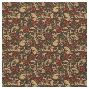 Tissu Crânes et fleurs Motifs Roses
