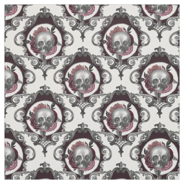 Tissu Crânes et fleurs ornées sur blanc (Échantillon)