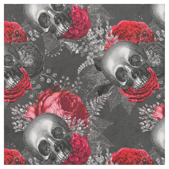 Tissu Crânes et fleurs rouges sur gris (Fermer)