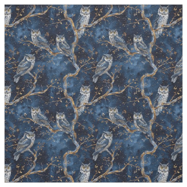 Tissu Create Your Own Mystical Blue Gold Winter Owls (Échantillon)