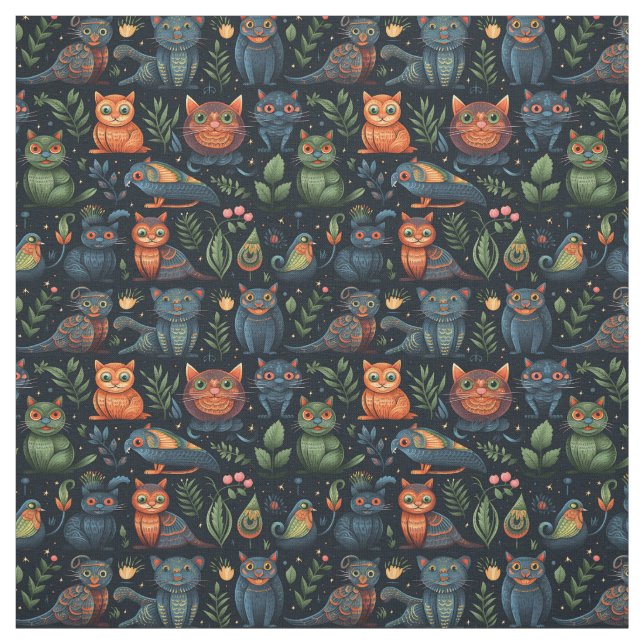 Tissu Create Your Own Wild Goblin Cats Birds Black (Échantillon)
