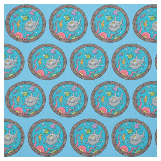 Tissu Créatures marines drôles dessin animé sous-marin (Échantillon)