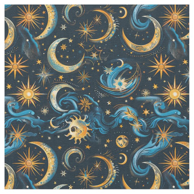 Tissu Créez votre propre Blue & Gold Sun Moon & Stars (Fermer)
