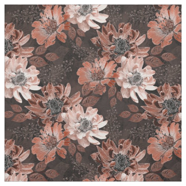Tissu Crème, fleurs de teracote sur un arrière - plan br (Échantillon)