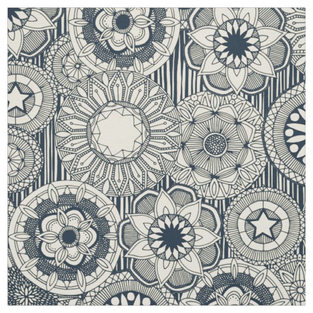 Tissu crème indigo du cirque de mandala (Échantillon)